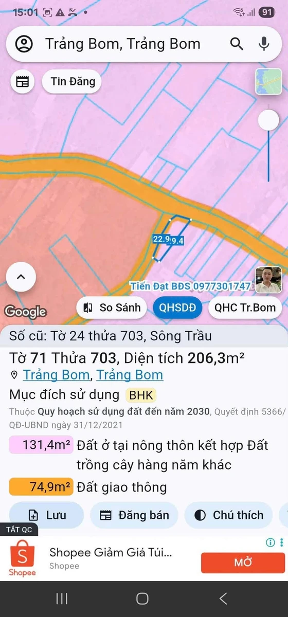 Bán đất 206,3m2 hai mặt tiền phường Trảng Bom, Đồng Nai giá 900 triệu - Ảnh thu nhỏ 2