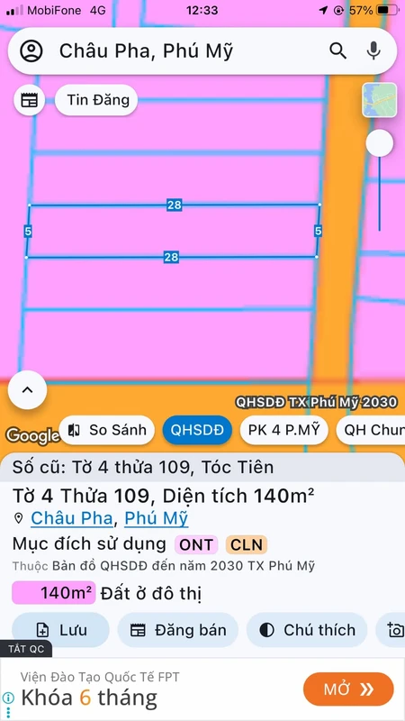 Đất bán tại Tóc Tiên Phú Mỹ 140m2, 850 triệu