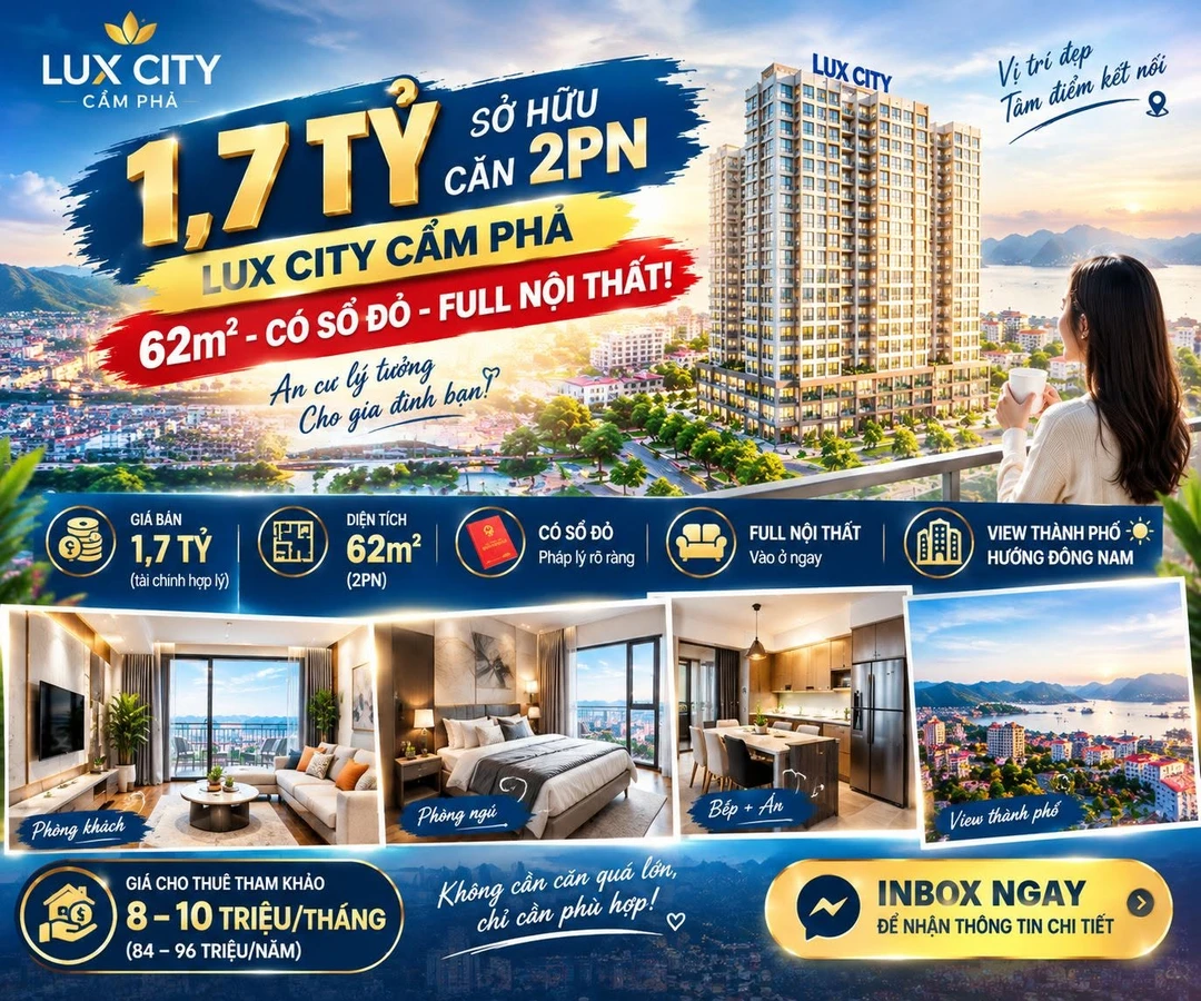 Bán căn hộ 2PN Lux City Cẩm Phả 62m² giá 1,7 tỷ - Ảnh 1