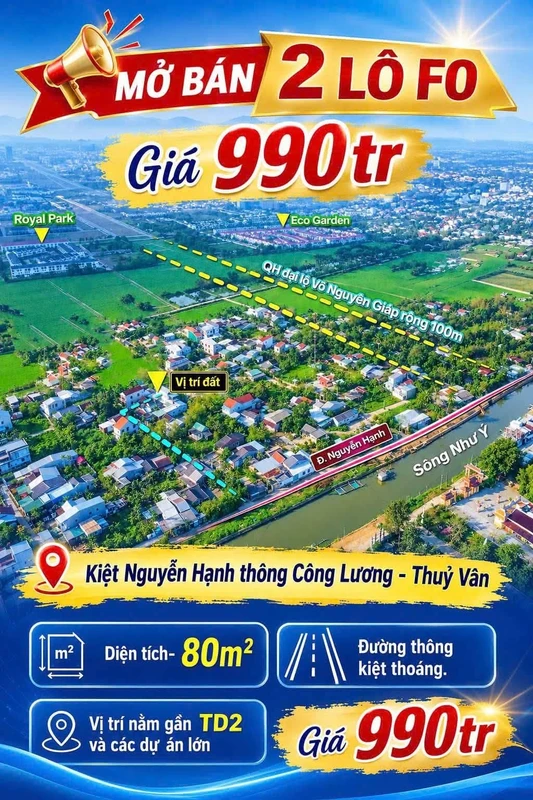 Bán đất 80–85m² giá 990 triệu/lô tại kiệt 8 Công Lương, phường Vỹ Dạ, Huế