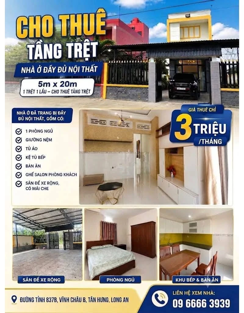 Cho thuê nhà tầng trệt 100m2 nội thất 3 triệu/tháng - Ảnh 1