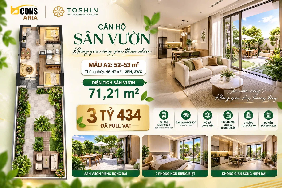 Bán căn hộ 2PN Bcons Aria sân vườn 52m² giá 3,434 tỷ - Ảnh 1