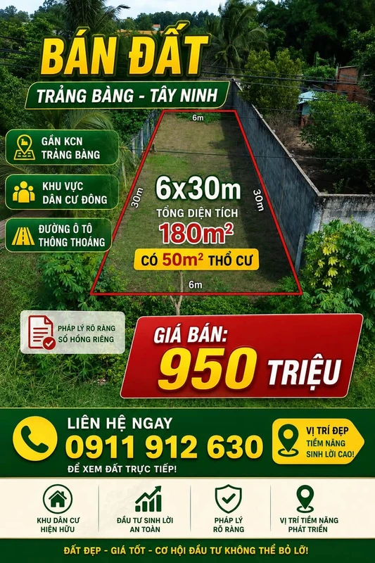Bán đất 180m2 gần KCN Trảng Bàng, Tây Ninh