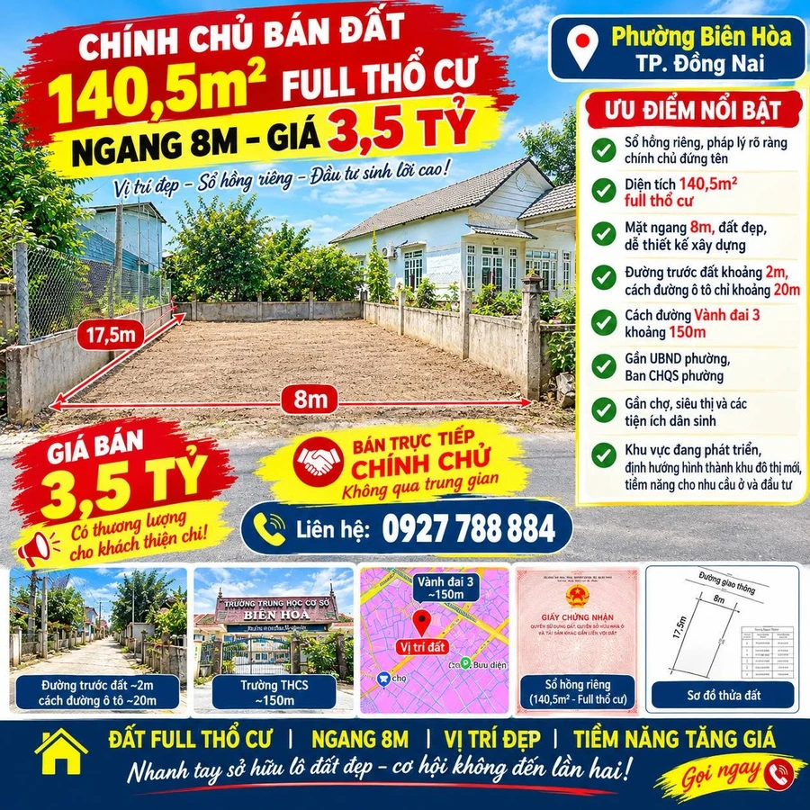 Bán đất 140,5m² thổ cư ngang 8m Phường Biên Hòa 3,5 tỷ - Ảnh 1