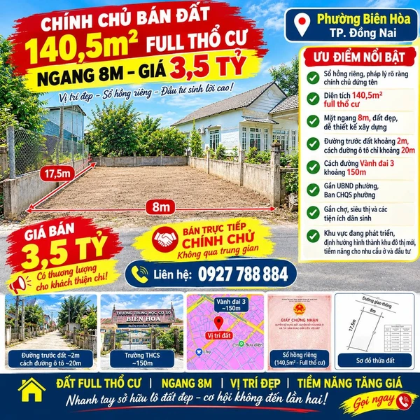 Bán đất 140,5m² thổ cư ngang 8m Phường Biên Hòa 3,5 tỷ