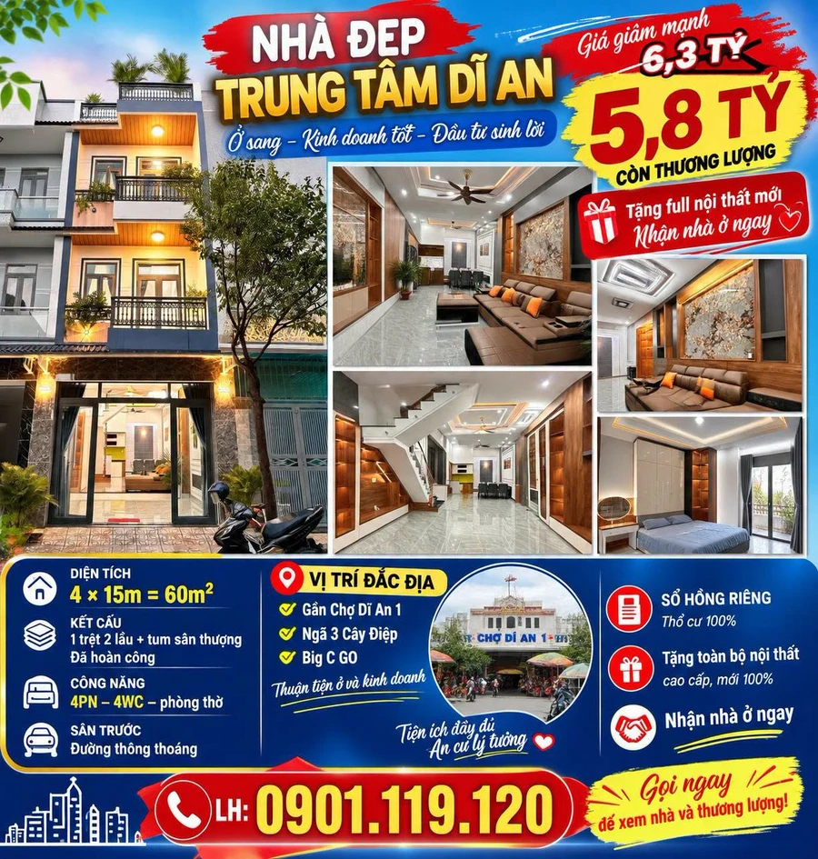 Bán nhà 1 trệt 2 lầu 60m² trung tâm Dĩ An, 4PN, giá 5,8 tỷ - Ảnh 1