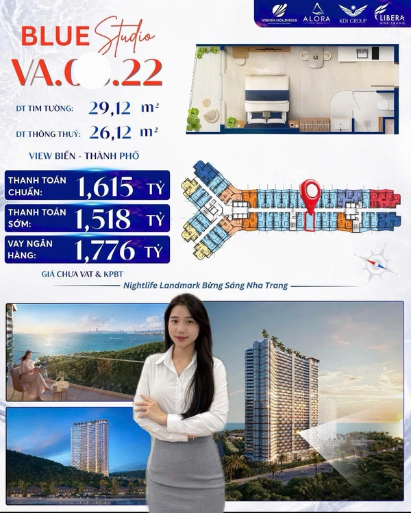 Bán căn hộ studio Alora Nha Trang 26m² view hồ bơi