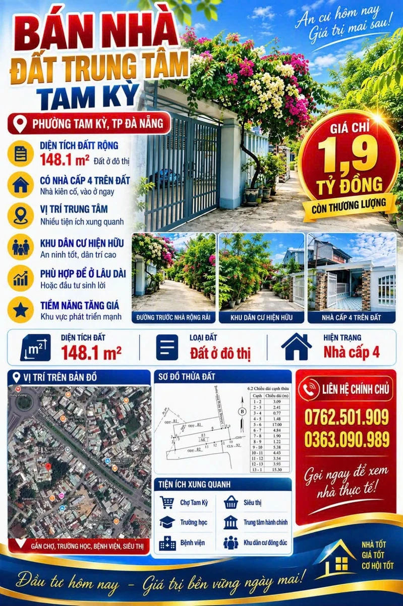 Bán nhà đất 148m² trung tâm Tam Kỳ 1,9 tỷ - Ảnh 1