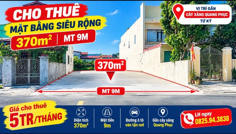 Cho thuê mặt bằng 370m² mặt tiền 9m Tứ Kỳ, 5 triệu/tháng