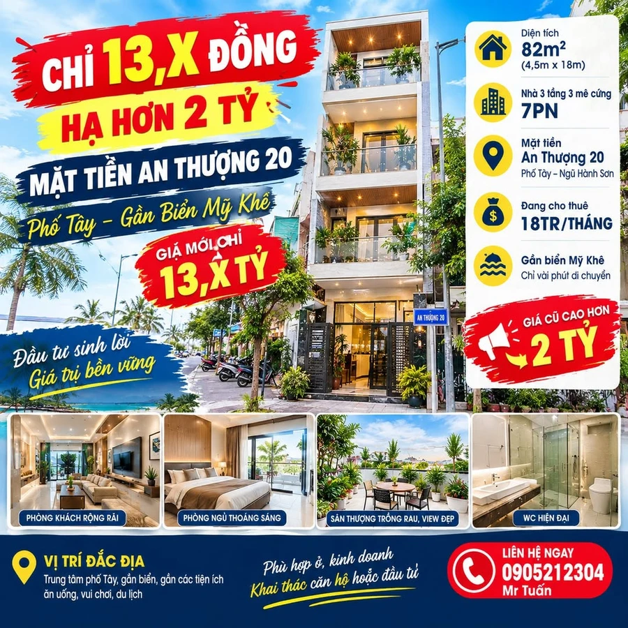 Bán nhà mặt tiền An Thượng 20 Đà Nẵng 82m2, 3 tầng 7PN, gần biển Mỹ Khê - Ảnh 1