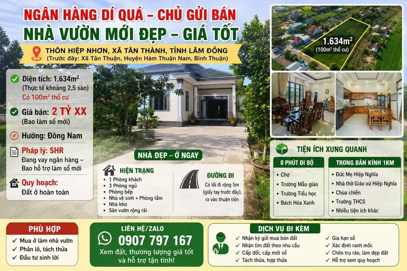 Bán nhà vườn 1634m² Lâm Đồng giá 2 tỷ