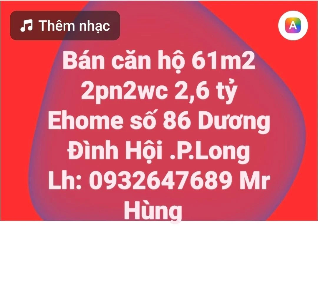 Bán căn hộ Ehomes 61m2 2PN 2WC giá 2,6 tỷ đường Dương Đình Hội, Phước Long B - Ảnh 1