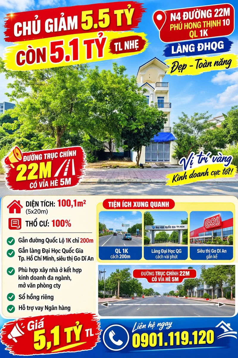 Bán đất nền 100m2 (5x20) đường 22m KDC Phú Hồng Thịnh 10, P. Đông Hòa (Dĩ An cũ), giá 5,1 tỷ - Ảnh 1