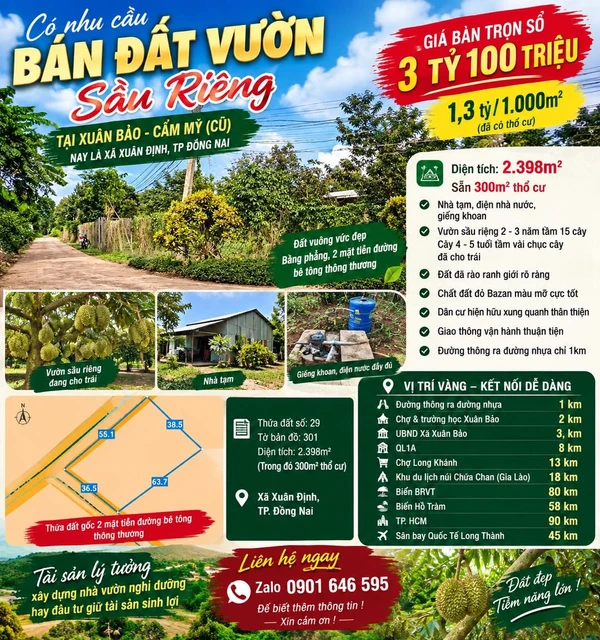 Bán đất vườn sầu riêng 2398m2 2 mặt tiền tại Xuân Bảo, Cẩm Mỹ, Đồng Nai