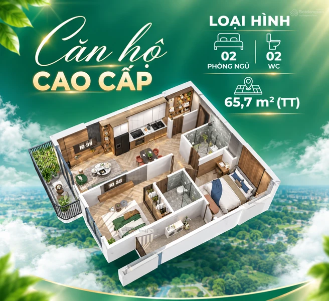 Căn hộ 2PN Eco Palace Buôn Ma Thuột tầng 33, hướng Tây Nam, 63,8m2 giá 2,93 tỷ