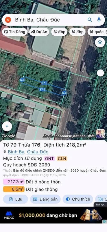 Bán lô đất mặt tiền Quốc lộ 56, 218m² Bình Ba
