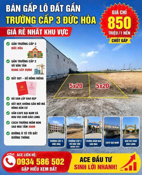 Bán đất thổ cư 5x20m sổ hồng riêng giá 850 triệu tại thị trấn Đức Hòa, Long An