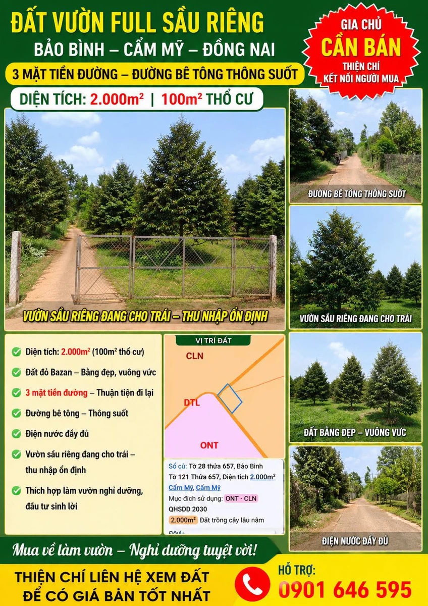 Bán vườn sầu riêng 2000m² Bảo Bình Cẩm Mỹ Đồng Nai - Ảnh 1