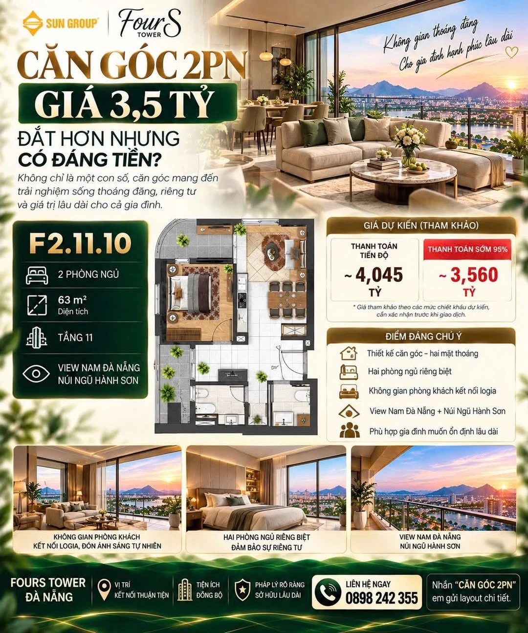Bán căn hộ góc 2PN 63m² FourS Tower tầng 11, view Ngũ Hành Sơn, Đà Nẵng - Ảnh 1