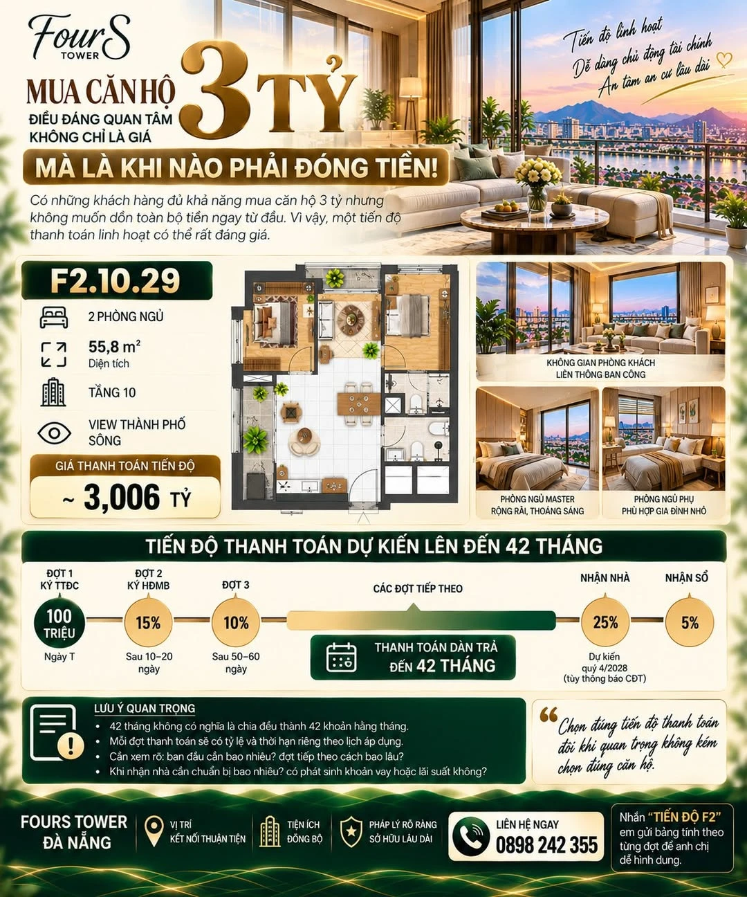 Bán căn hộ 2PN 55,8m² FourS Tower, Đà Nẵng, giá khoảng 3,006 tỷ - Ảnh 1