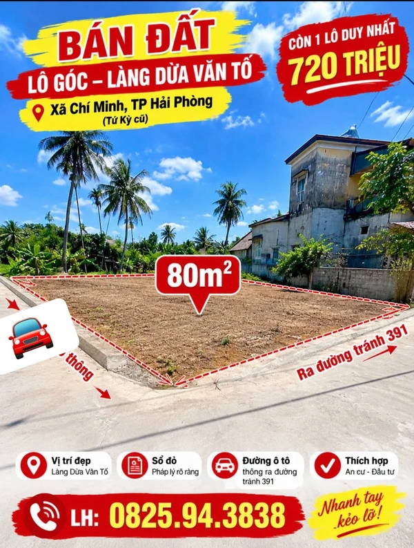 Bán lô góc 80m² Làng Dừa Văn Tố, Hải Phòng, giá 720 triệu