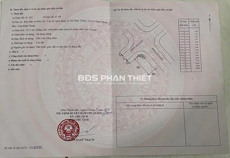 Bán đất thổ cư Hàm Thắng 153.5m2 giá 2 tỷ 4, lô góc 2 mặt tiền