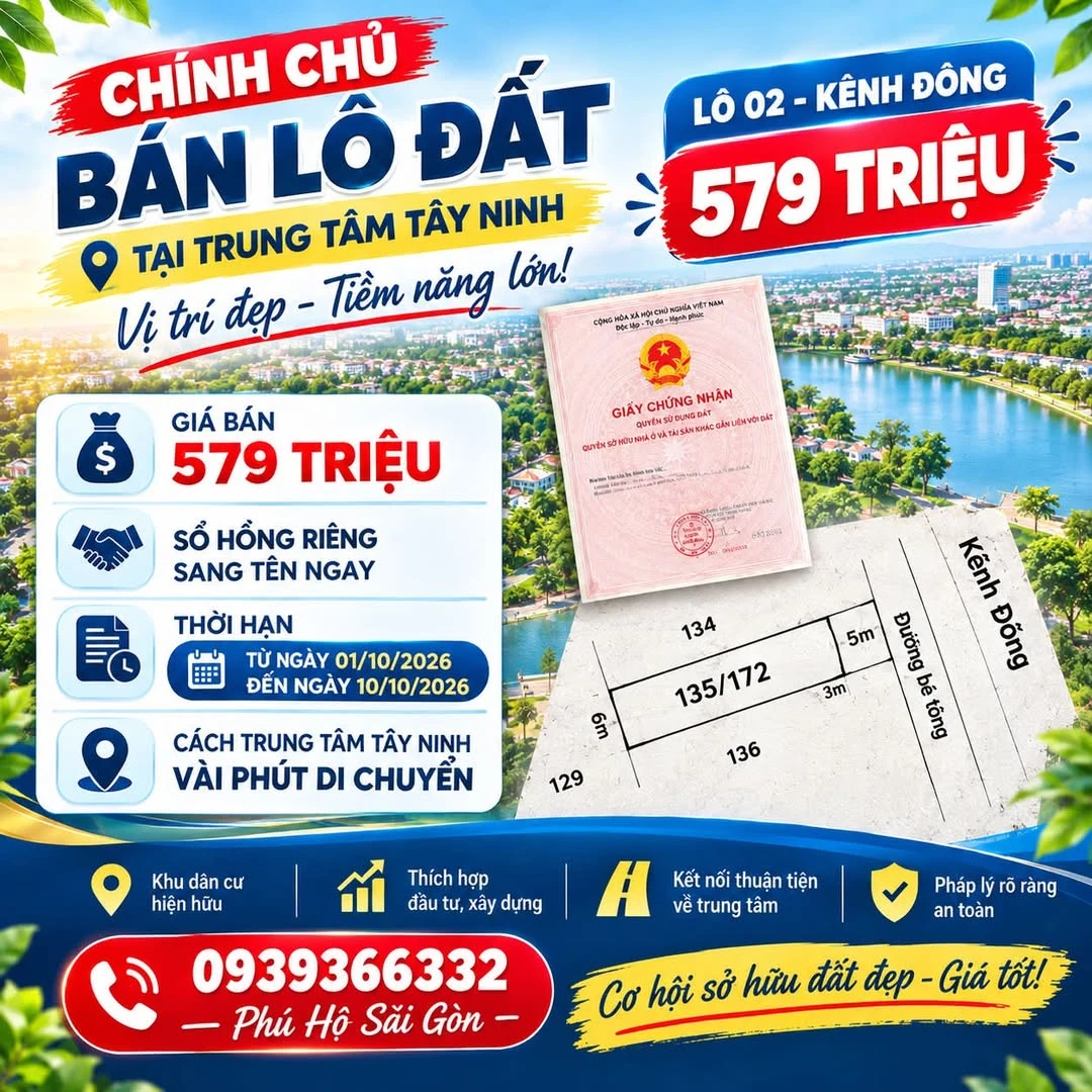Bán đất Kênh Đồng 172m² - 579 triệu - Ảnh 1