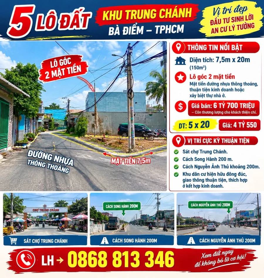 Bán đất lô góc 2 mặt tiền 7,5x20m (150m²) gần chợ Trung Chánh, Hóc Môn, giá 6,7 tỷ - Ảnh 1