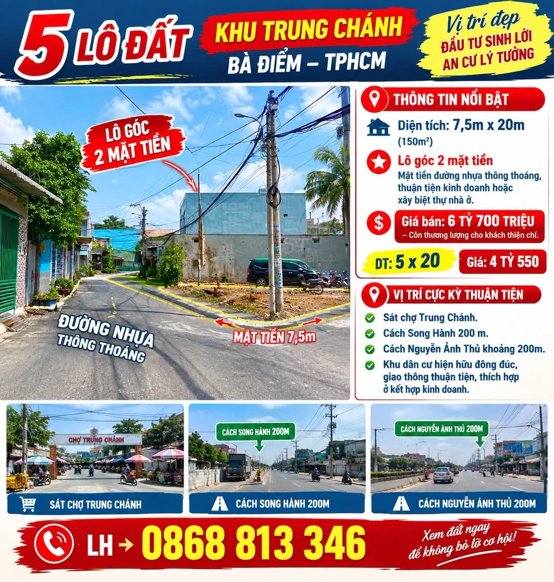 Bán đất lô góc 2 mặt tiền 7,5x20m (150m²) gần chợ Trung Chánh, Hóc Môn, giá 6,7 tỷ - Ảnh 1