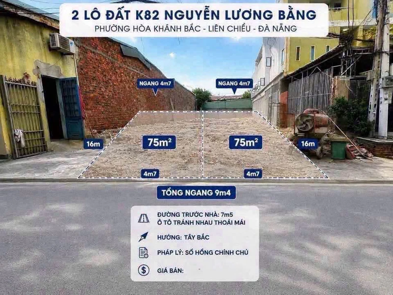Bán 2 lô đất mặt tiền 7m 75m²/lô gần Bách Khoa Đà Nẵng
