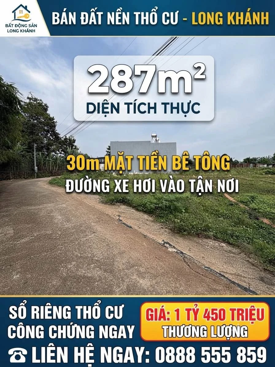 Bán đất 287m2, mặt tiền 30m, Long Khánh, 1 tỷ 450 triệu - Ảnh 1
