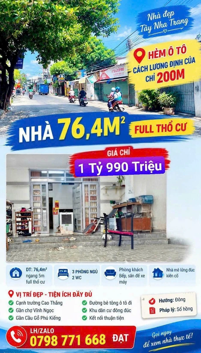 Bán nhà hẻm ô tô 76,4m² 3 phòng ngủ Nha Trang, Khánh Hòa 1 tỷ 990 triệu - Ảnh thu nhỏ 2