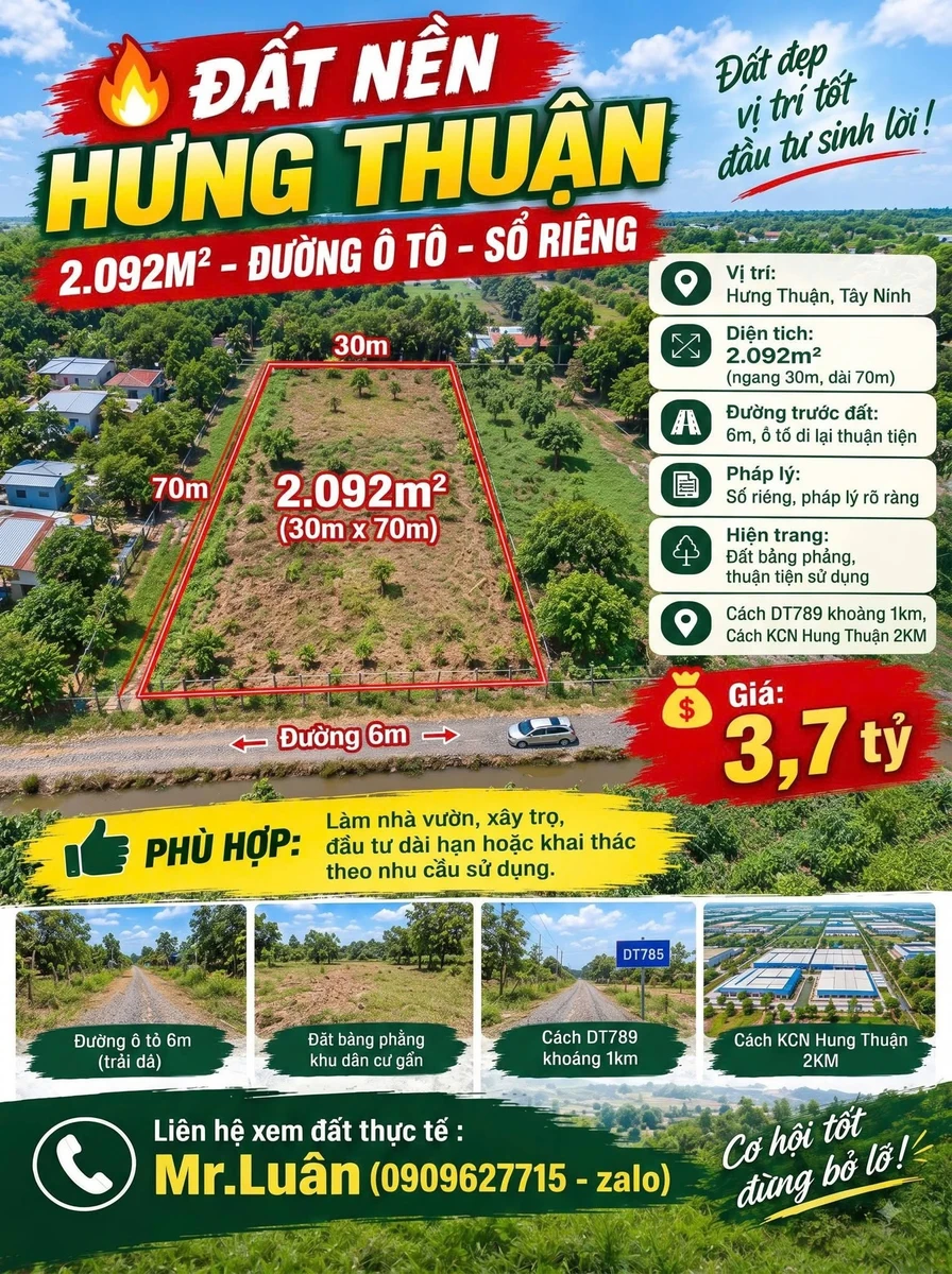 Bán đất nền Hưng Thuận 2.030m² Tây Ninh - Ảnh 1