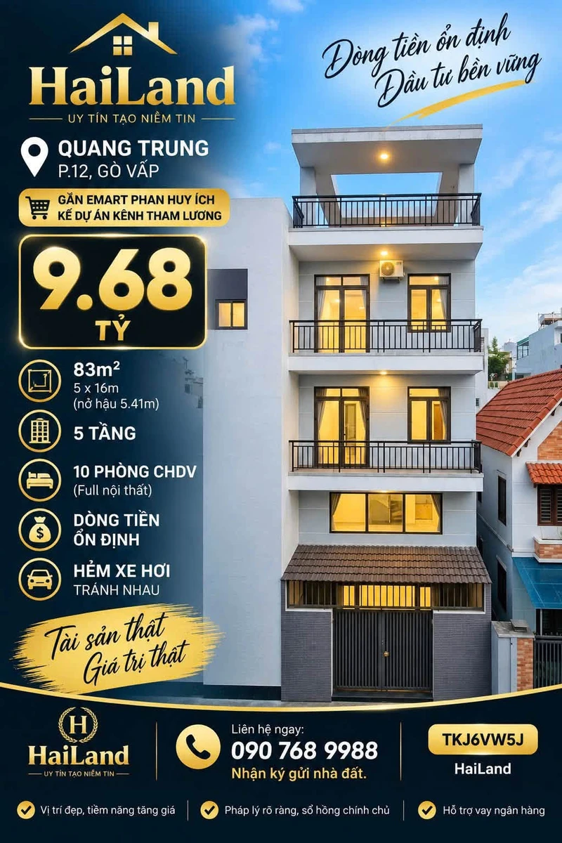 Bán nhà 5 tầng CHDV 10 phòng 83m² hẻm xe hơi Quang Trung, Gò Vấp - 9,68 tỷ - Ảnh 1