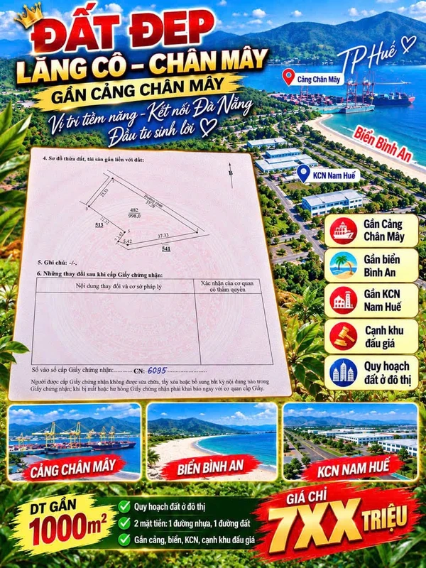 Bán đất 2 mặt tiền Chân Mây Huế 1.000m² 700 triệu