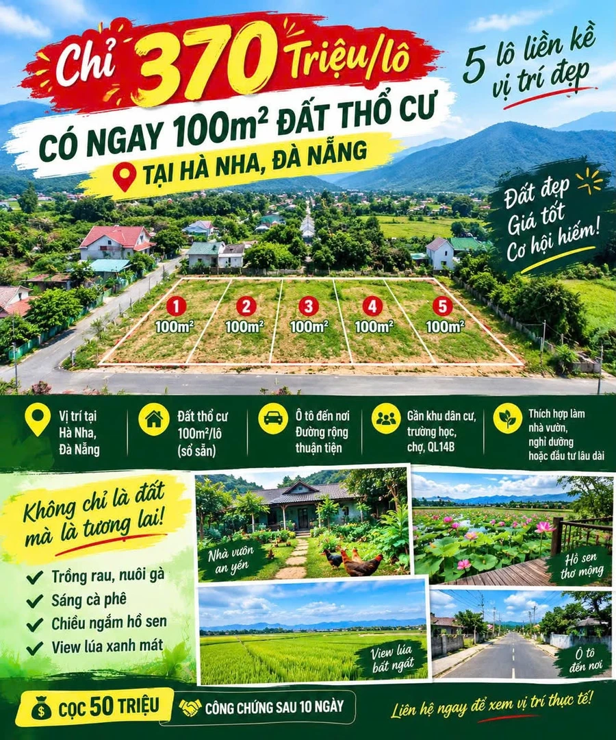 Bán 5 lô đất thổ cư 100m² tại Hà Nhã, Đà Nẵng, 370 triệu - Ảnh 1