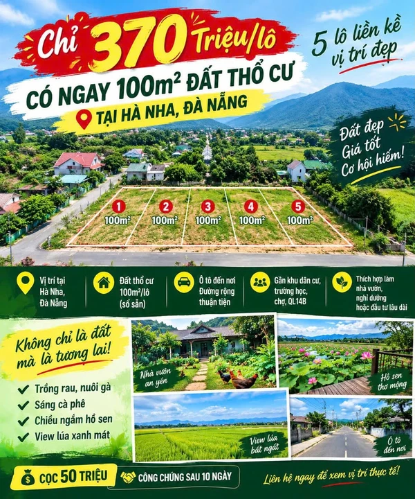 Bán 5 lô đất thổ cư 100m² tại Hà Nhã, Đà Nẵng, 370 triệu