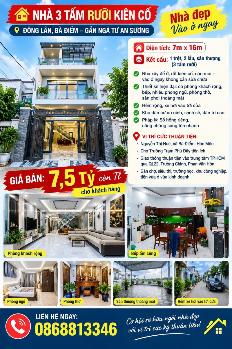 Bán nhà 3,5 tấm 7x16m hẻm xe hơi đường Nguyễn Thị Huê, Bà Điểm, Hóc Môn giá 7,5 tỷ - Ảnh 1