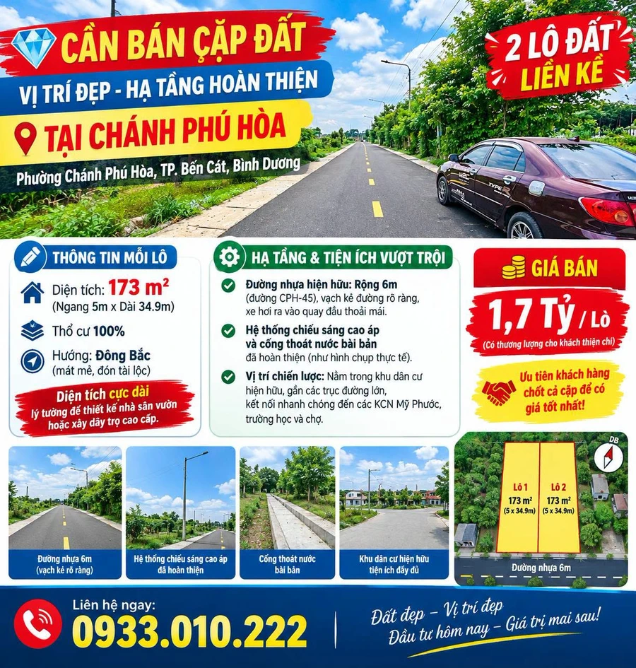 Bán cặp đất nền 173 m² Chánh Phú Hòa, Bến Cát, Bình Dương - Ảnh 1