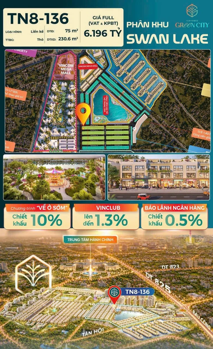Bán nhà phố áp góc 75m2 Swan Lake Vinhomes Green City 6.196 tỷ - Ảnh 1