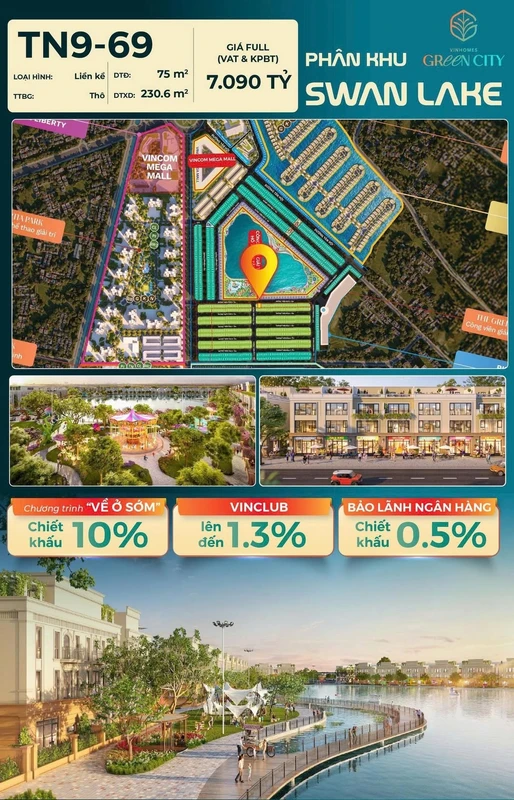 Bán nhà liền kề Swan Lake 75m² đất, 7,09 tỷ tại Vinhomes Green City