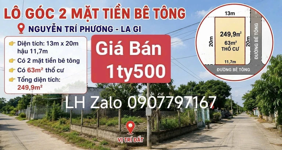Bán đất 2 mặt tiền 260m² La Gi, Lâm Đồng 1.5 tỷ - Ảnh 1