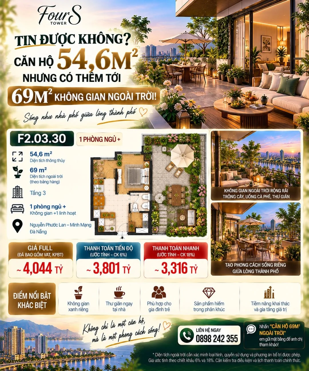 Bán căn hộ 1PN 54,6m² + 69m² ngoài trời tại FourS Tower Đà Nẵng - Ảnh 1