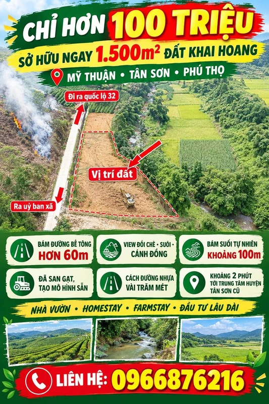 Bán đất khai hoang Tân Sơn Phú Thọ 1500m2 nhỉnh 100 triệu