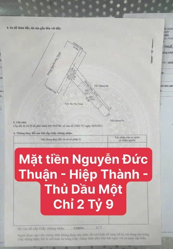Bán đất mặt tiền Nguyễn Đức Thuận 164m2 Thủ Dầu Một 2.9 tỷ