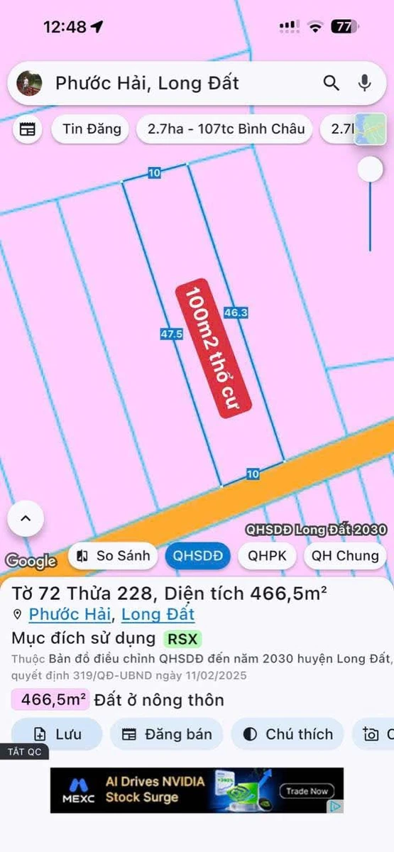 Bán đất làm nhà vườn 466m² Phước Hải Bà Rịa Vũng Tàu - Ảnh 1