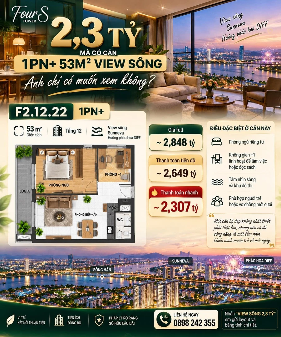 Bán căn hộ 1PN+ 53m² view sông FourS Tower tầng 12 Đà Nẵng - Ảnh 1