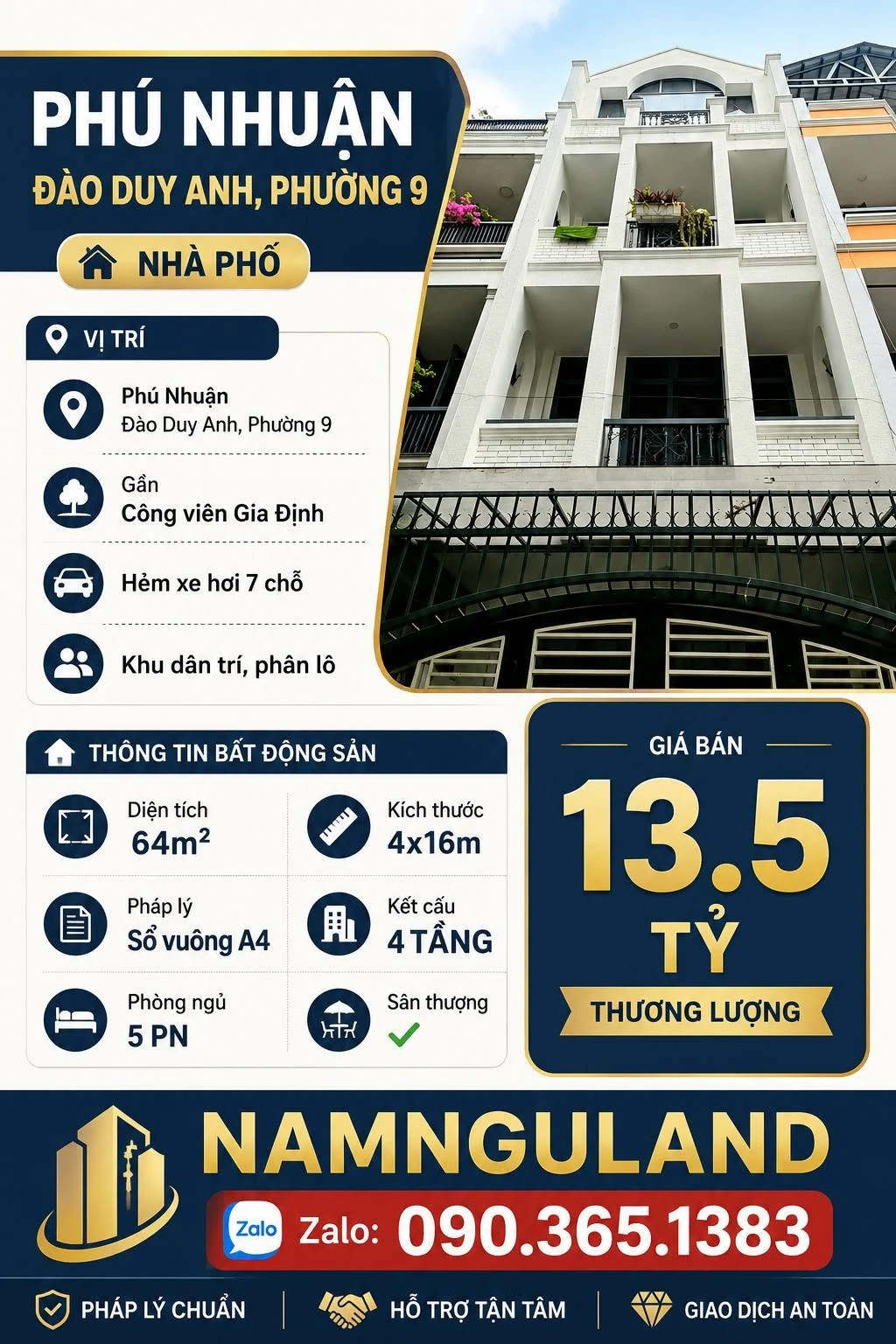 Bán nhà Phú Nhuận 4 tầng 64m² gần Công Viên Gia Định 13 tỉ - Ảnh 1