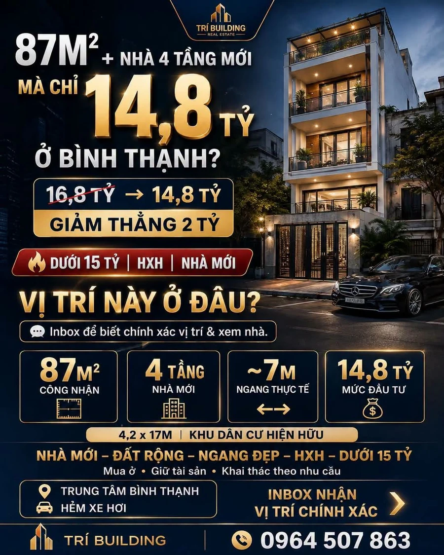 Bán nhà 4 tầng 87m2 ngang gần 7m hẻm xe hơi Bình Thạnh giá 14,8 tỷ - Ảnh 1