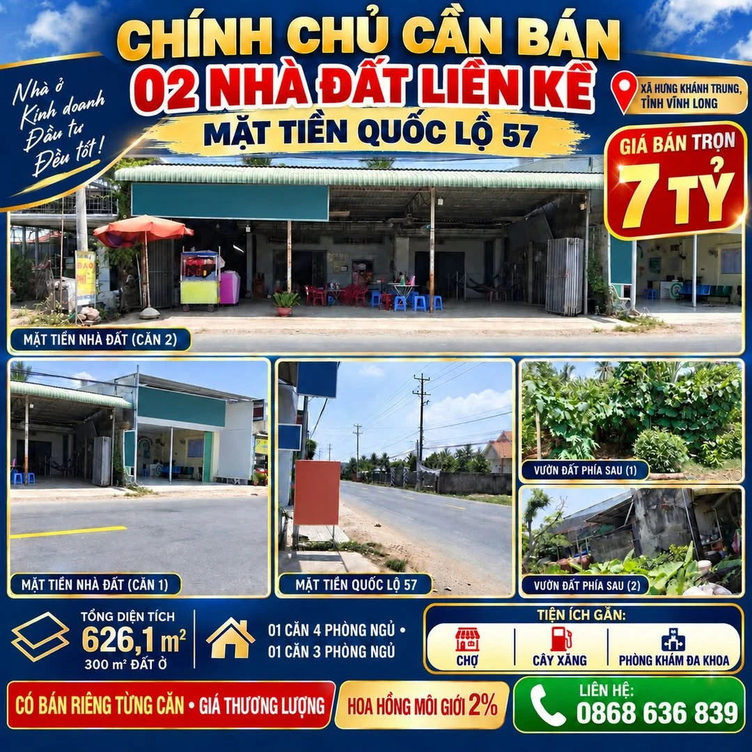 Bán 2 nhà đất liền kề mặt tiền Quốc lộ 57, Vĩnh Long, 626m² - Ảnh 1